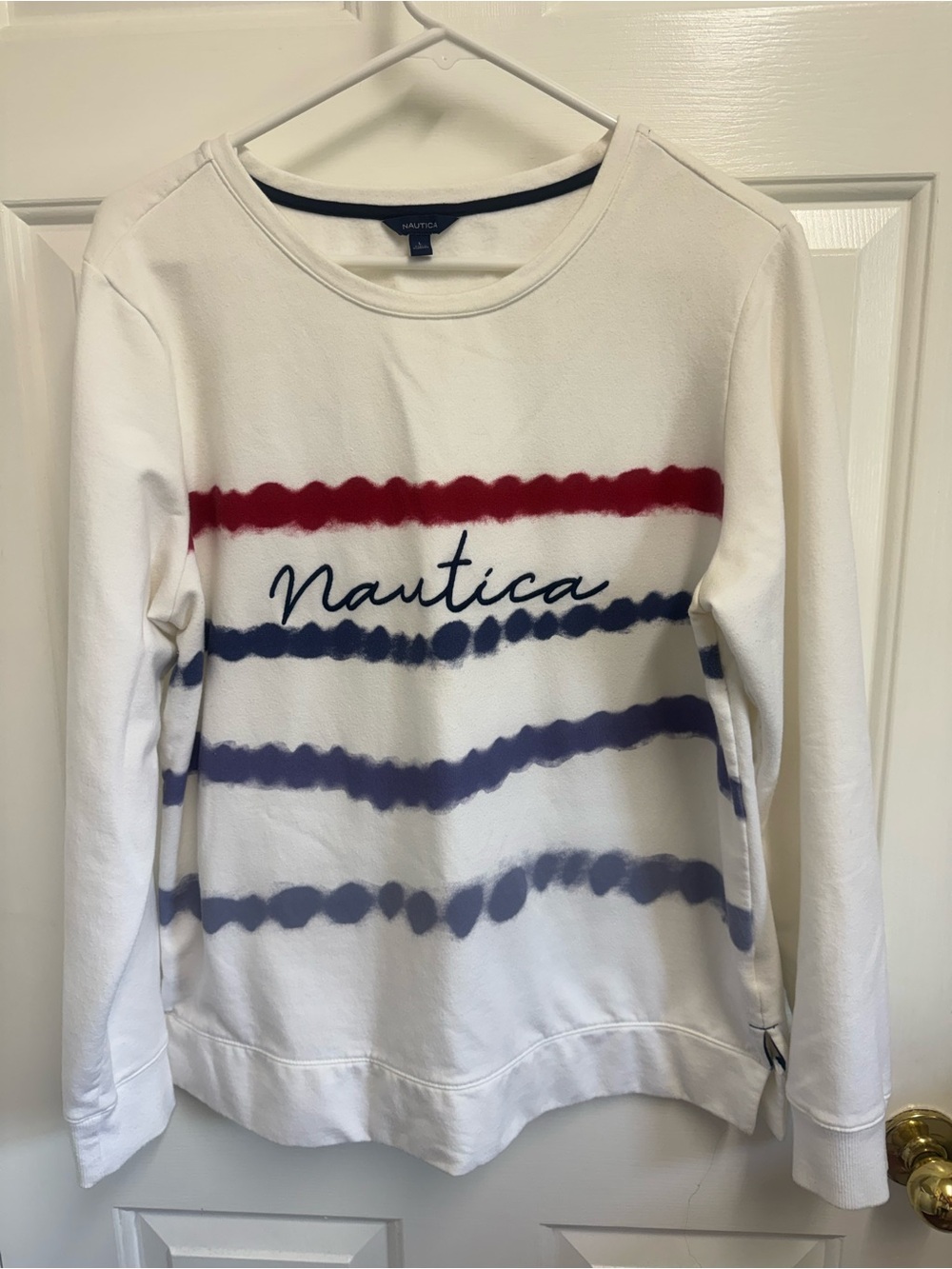 Nautica White Pullover Sweatshirt with Red and Navy Stripes. Size large
